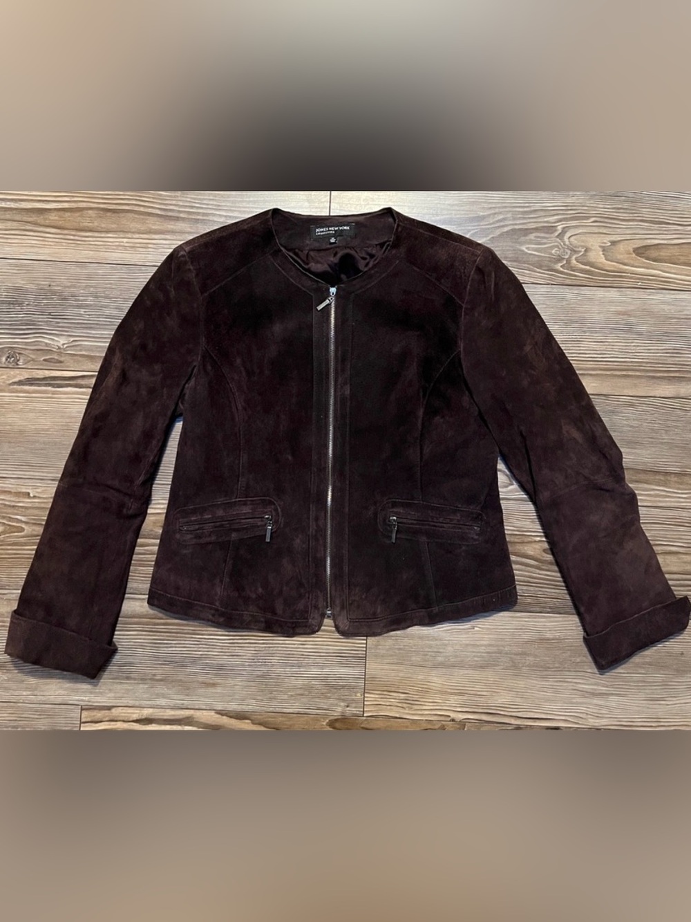 Jones New York Women's Dark Leather Brown Suede Zip Jacket Medium